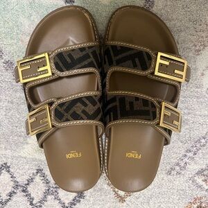 Fendi Brown Slides with Gold Buckles